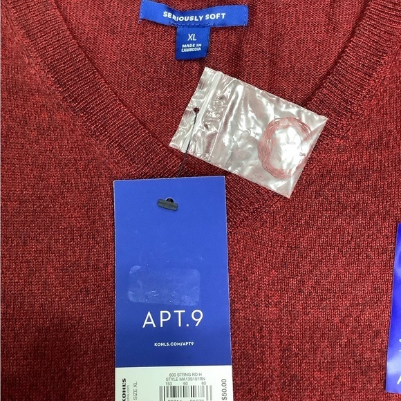 Men's Apt. 9 XL 46 - 48 V-Neck Sweater Marble Burgundy Red Merino Wool Blend NWT - Picture 5 of 7